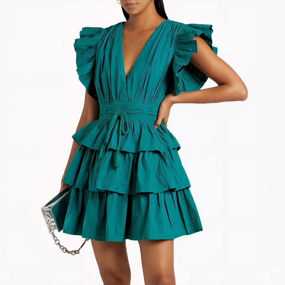 Ulla Johnson Camilla tiered pintuck cotton poplin mini dress teal ruffle 4 small